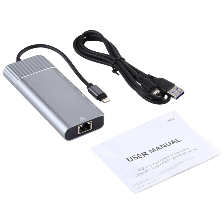 6 in 1 USB 2.0 x 3 + HDMI + RJ45 + 8 Pin Female Charging Port to 8 Pin Male Multi-function Dock Station Adapter - Converter & Adapter by PMC Jewellery | Online Shopping South Africa | PMC Jewellery | Buy Now Pay Later Mobicred