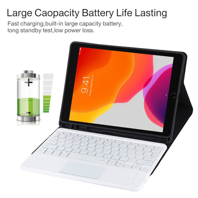 TG-102BCS Detachable Bluetooth White Keyboard + Microfiber Leather Tablet Case for iPad 10.2 inch / iPad Air (2019), with Touch Pad & Backlight & Pen Slot & Holder (Black) - For iPad Air by PMC TechLife | Online Shopping South Africa | PMC TechLife