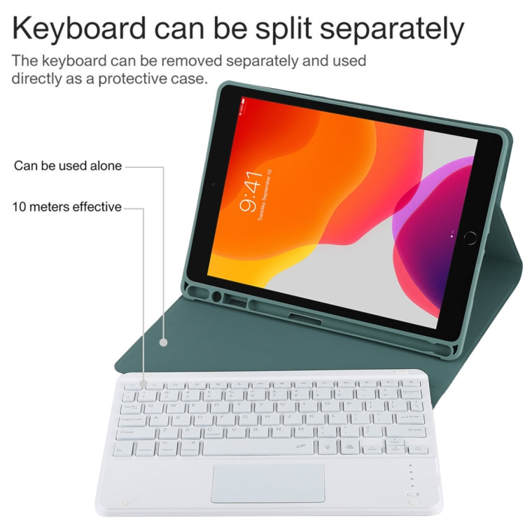 TG-102BCS Detachable Bluetooth White Keyboard + Microfiber Leather Tablet Case for iPad 10.2 inch / iPad Air (2019), with Touch Pad & Backlight & Pen Slot & Holder (Dark Green) - For iPad Air by PMC TechLife | Online Shopping South Africa | PMC TechLife