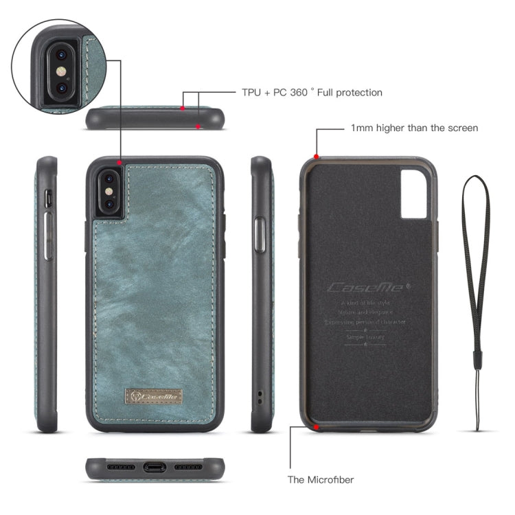 For iPhone X / XS CaseMe-008 TPU + PC Magnetic Absorption Detachable Back Cover Horizontal Flip Leather Case with Holder & Card Slots & Zipper Wallet & Photo Frame(Blue) - free shipping - PMC Jewellery - Order now!