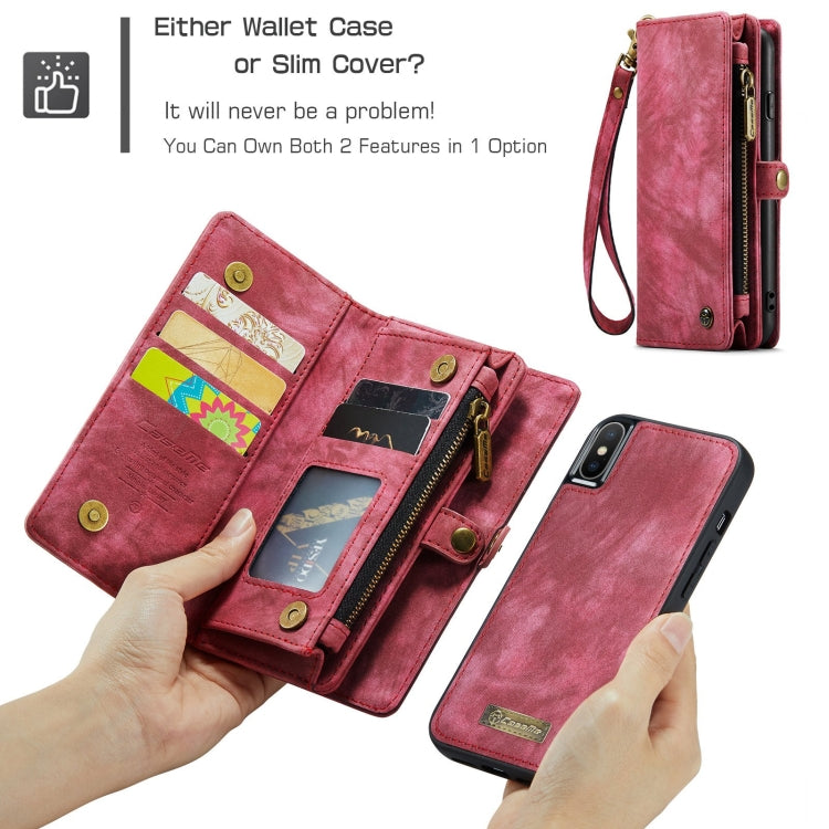 For iPhone X / XS CaseMe-008 TPU + PC Magnetic Absorption Detachable Back Cover Horizontal Flip Leather Case with Holder & Card Slots & Zipper Wallet & Photo Frame(Red) - More iPhone Cases by CaseMe | Online Shopping South Africa | PMC Jewellery | Buy Now Pay Later Mobicred