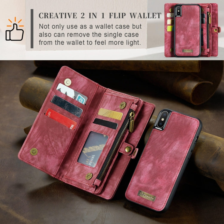 For iPhone X / XS CaseMe-008 TPU + PC Magnetic Absorption Detachable Back Cover Horizontal Flip Leather Case with Holder & Card Slots & Zipper Wallet & Photo Frame(Red) - More iPhone Cases by CaseMe | Online Shopping South Africa | PMC Jewellery | Buy Now Pay Later Mobicred