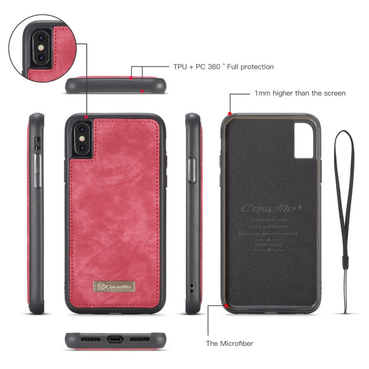 For iPhone X / XS CaseMe-008 TPU + PC Magnetic Absorption Detachable Back Cover Horizontal Flip Leather Case with Holder & Card Slots & Zipper Wallet & Photo Frame(Red) - More iPhone Cases by CaseMe | Online Shopping South Africa | PMC Jewellery | Buy Now Pay Later Mobicred