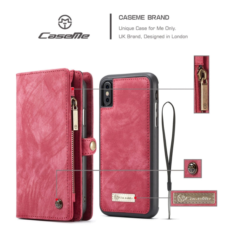For iPhone X / XS CaseMe-008 TPU + PC Magnetic Absorption Detachable Back Cover Horizontal Flip Leather Case with Holder & Card Slots & Zipper Wallet & Photo Frame(Red) - More iPhone Cases by CaseMe | Online Shopping South Africa | PMC Jewellery | Buy Now Pay Later Mobicred