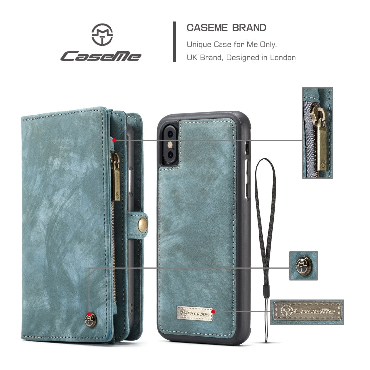For iPhone XS Max CaseMe Detachable Multifunctional Horizontal Flip Leather Case with Card Slot & Holder & Zipper Wallet & Photo Frame (Blue) - free shipping - PMC Jewellery - Order now!
