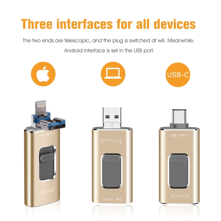 Richwell 3 in 1 64G Type-C + 8 Pin + USB 3.0 Metal Push-pull Flash Disk with OTG Function(Gold) - free shipping - PMC Jewellery - Order now!