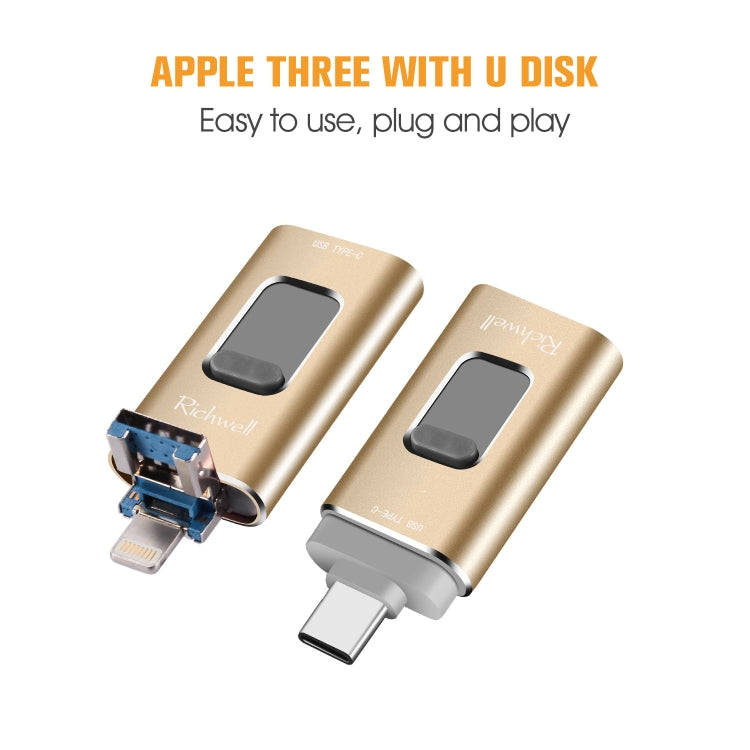 Richwell 3 in 1 64G Type-C + 8 Pin + USB 3.0 Metal Push-pull Flash Disk with OTG Function(Gold) - free shipping - PMC Jewellery - Order now!