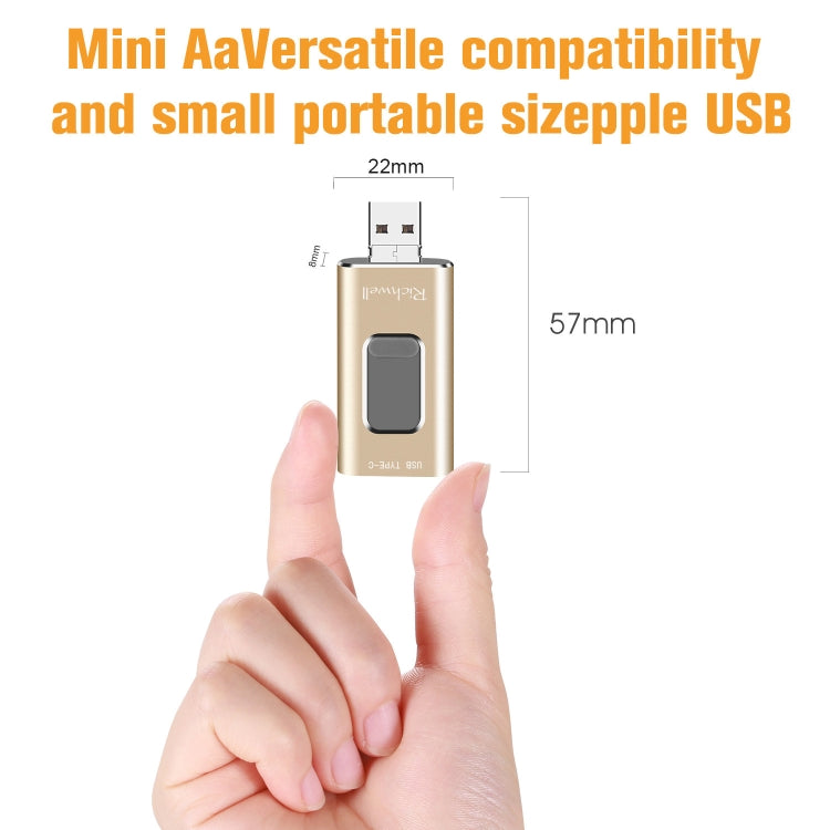 Richwell 3 in 1 64G Type-C + 8 Pin + USB 3.0 Metal Push-pull Flash Disk with OTG Function(Gold) - free shipping - PMC Jewellery - Order now!
