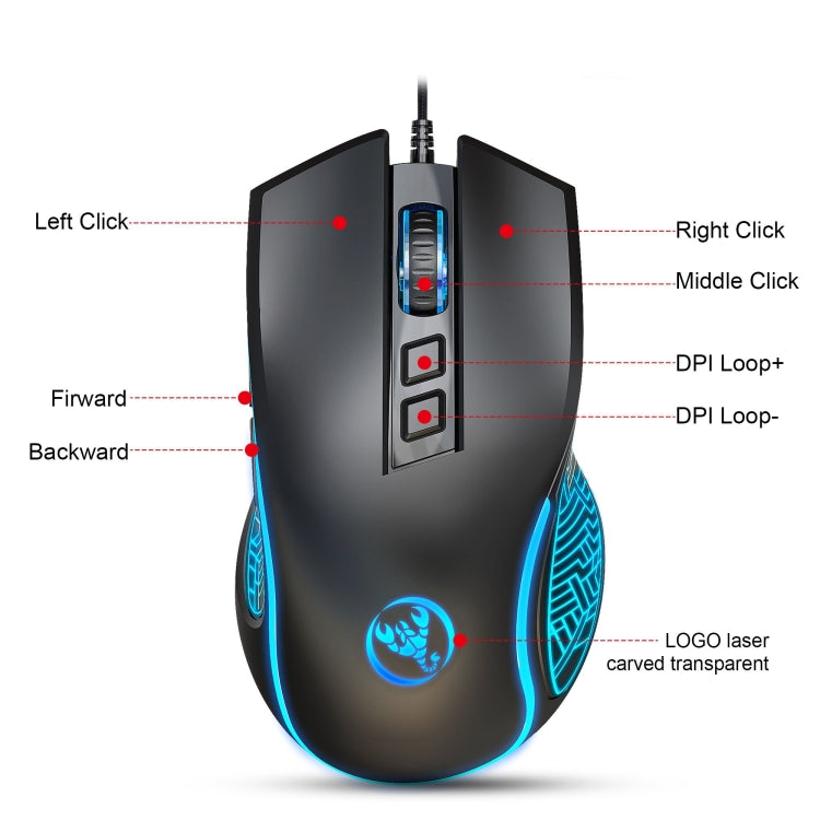 HXSJ X100 7-buttons 3600 DPI Cool Glowing Wired Gaming Mouse, Cable Length: 1.5m (Black) - Wired Mice by HXSJ | Online Shopping South Africa | PMC TechLife | Buy Now Pay Later Mobicred
