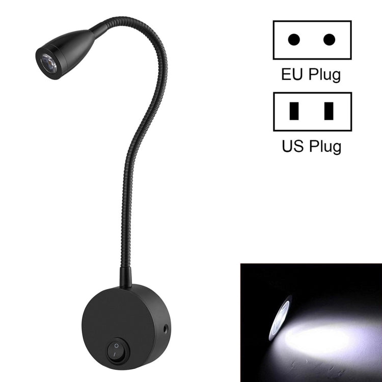 3W Black Shell Flexible Goose Neck White Light LED Reading Lamp Light , 160 LM 3000-3200K Wall Mount Light Wall Sconce Lamp, Got the CE / FCC Certification, Goose Neck Length: 30cm, US/EU Plug, Default Delivery US Plug - Wall Lamps by PMc TechLife | Online Shopping South Africa | PMc TechLife | Buy Now Pay Later Mobicred