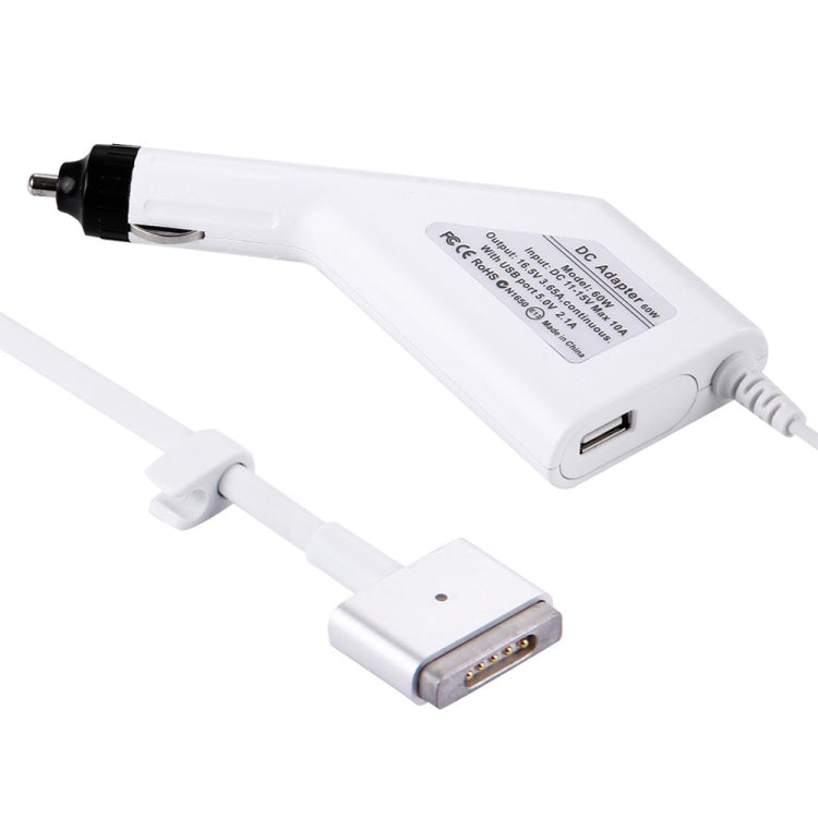 60W 16.5V 3.65A 5 Pin T Style MagSafe 2 Car Charger with 1 USB Port for Apple Macbook A1465 / A1502 / A1435 / MD212 / MD2123 / MD662, Length: 1.7m(White) - Cable & Adapter by PMC Jewellery | Online Shopping South Africa | PMC Jewellery | Buy Now Pay Later Mobicred