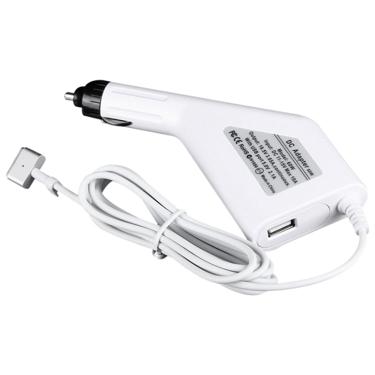 60W 16.5V 3.65A 5 Pin T Style MagSafe 2 Car Charger with 1 USB Port for Apple Macbook A1465 / A1502 / A1435 / MD212 / MD2123 / MD662, Length: 1.7m(White) - Cable & Adapter by PMC Jewellery | Online Shopping South Africa | PMC Jewellery | Buy Now Pay Later Mobicred