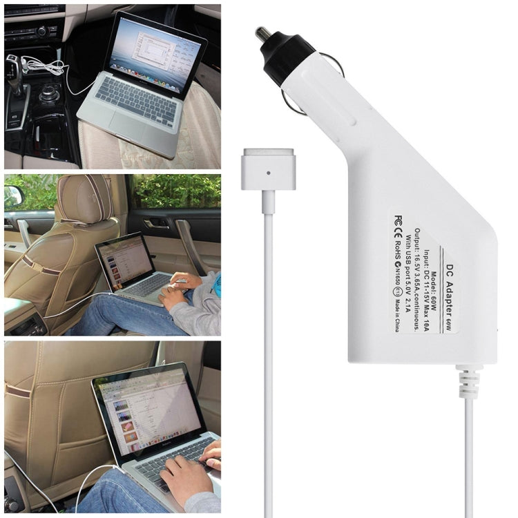 60W 16.5V 3.65A 5 Pin T Style MagSafe 2 Car Charger with 1 USB Port for Apple Macbook A1465 / A1502 / A1435 / MD212 / MD2123 / MD662, Length: 1.7m(White) - Cable & Adapter by PMC Jewellery | Online Shopping South Africa | PMC Jewellery | Buy Now Pay Later Mobicred