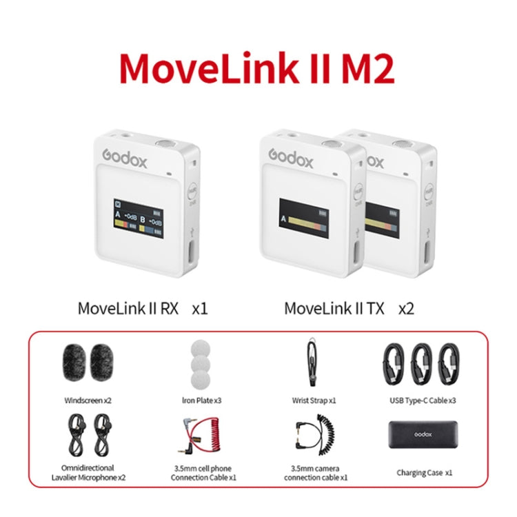 Godox MoveLink II M2 Wireless Lavalier Microphone System with 2 Transmitters and 1 Receiver for DSLR Cameras and Camcorders (White) - free shipping - PMC Jewellery - Order now!