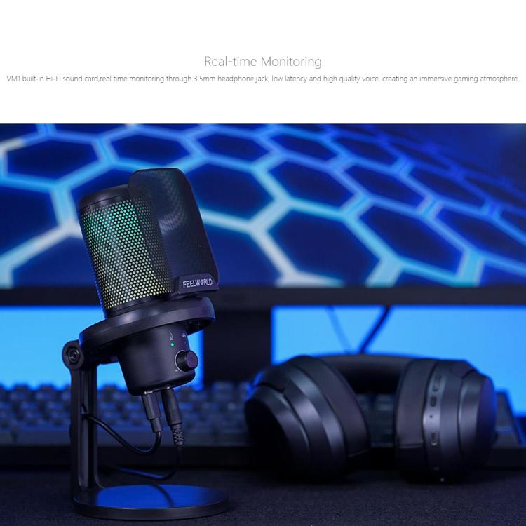 FEELWORLD VM1 USB Condenser Gaming Microphone for Streaming Noise Cancellation Mute RGB Light Desktop Stand (Black) - Microphone by FEELWORLD | Online Shopping South Africa | PMC TechLife | Buy Now Pay Later Mobicred