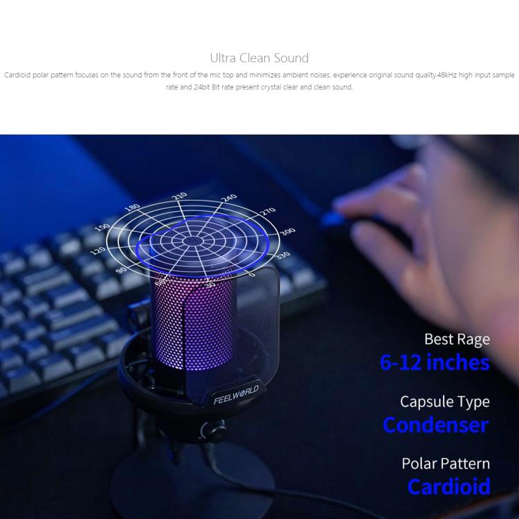 FEELWORLD VM1 USB Condenser Gaming Microphone for Streaming Noise Cancellation Mute RGB Light Desktop Stand (Black) - Microphone by FEELWORLD | Online Shopping South Africa | PMC TechLife | Buy Now Pay Later Mobicred