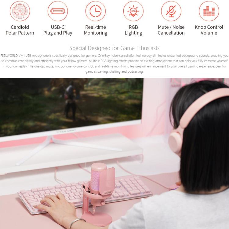 FEELWORLD VM1 USB Condenser Gaming Microphone for Streaming Noise Cancellation Mute RGB Light Desktop Stand (Pink) - Microphone by FEELWORLD | Online Shopping South Africa | PMC TechLife | Buy Now Pay Later Mobicred