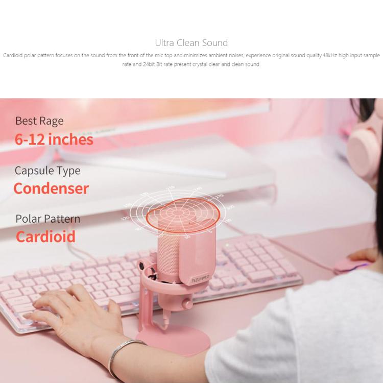 FEELWORLD VM1 USB Condenser Gaming Microphone for Streaming Noise Cancellation Mute RGB Light Desktop Stand (Pink) - Microphone by FEELWORLD | Online Shopping South Africa | PMC TechLife | Buy Now Pay Later Mobicred