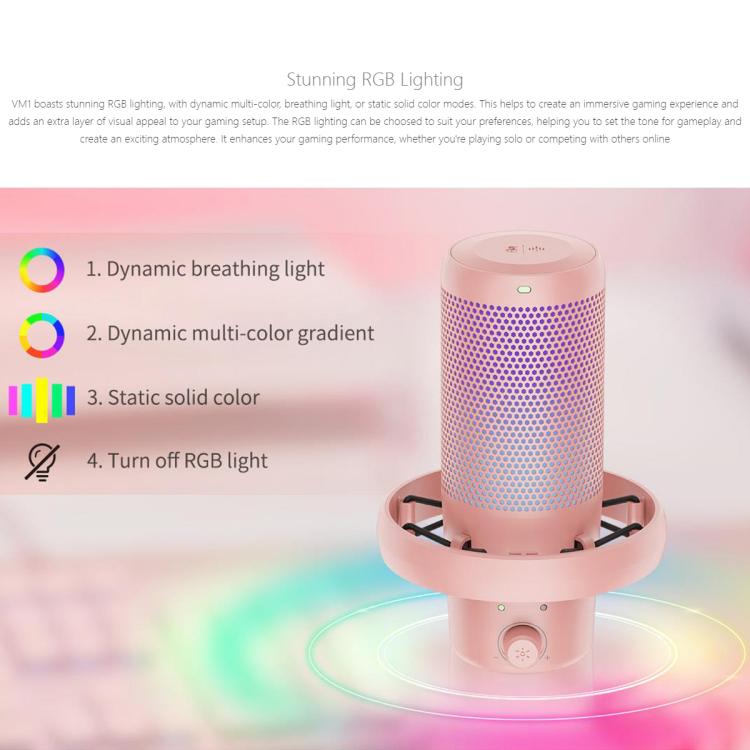 FEELWORLD VM1 USB Condenser Gaming Microphone for Streaming Noise Cancellation Mute RGB Light Desktop Stand (Pink) - Microphone by FEELWORLD | Online Shopping South Africa | PMC TechLife | Buy Now Pay Later Mobicred
