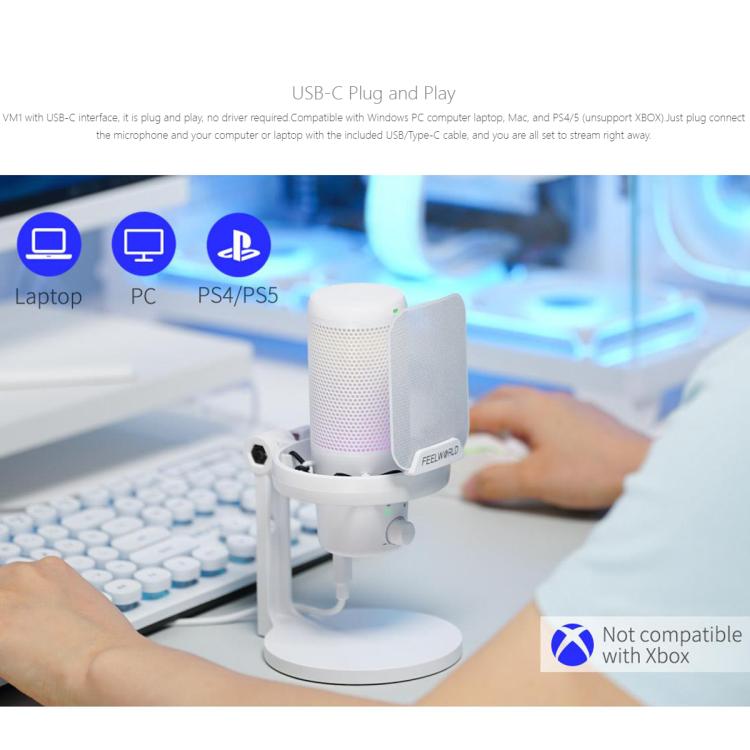 FEELWORLD VM1 USB Condenser Gaming Microphone for Streaming Noise Cancellation Mute RGB Light Desktop Stand (White) - Microphone by FEELWORLD | Online Shopping South Africa | PMC TechLife | Buy Now Pay Later Mobicred