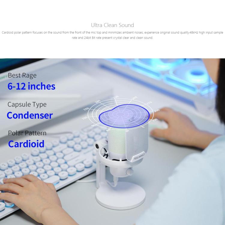 FEELWORLD VM1 USB Condenser Gaming Microphone for Streaming Noise Cancellation Mute RGB Light Desktop Stand (White) - Microphone by FEELWORLD | Online Shopping South Africa | PMC TechLife | Buy Now Pay Later Mobicred