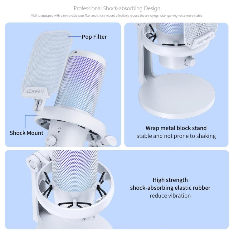 FEELWORLD VM1 USB Condenser Gaming Microphone for Streaming Noise Cancellation Mute RGB Light Desktop Stand (White) - Microphone by FEELWORLD | Online Shopping South Africa | PMC TechLife | Buy Now Pay Later Mobicred