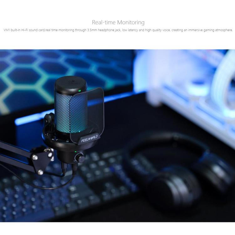 FEELWORLD VM1 USB Condenser Gaming Microphone for Streaming Noise Cancellation Mute RGB Light Boom Arm Stand (Black) - Microphone by FEELWORLD | Online Shopping South Africa | PMC TechLife | Buy Now Pay Later Mobicred