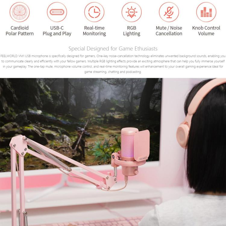 FEELWORLD VM1 USB Condenser Gaming Microphone for Streaming Noise Cancellation Mute RGB Light Boom Arm Stand (Pink) - Microphone by FEELWORLD | Online Shopping South Africa | PMC TechLife | Buy Now Pay Later Mobicred
