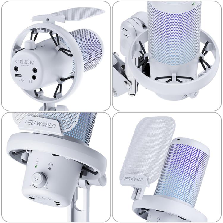 FEELWORLD VM1 USB Condenser Gaming Microphone for Streaming Noise Cancellation Mute RGB Light Boom Arm Stand (White) - Microphone by FEELWORLD | Online Shopping South Africa | PMC TechLife | Buy Now Pay Later Mobicred