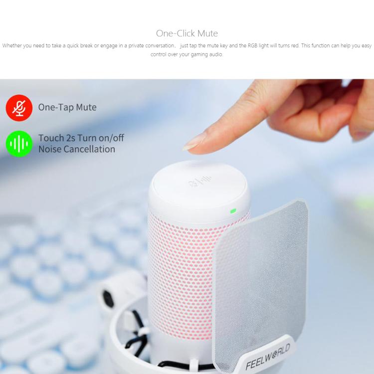 FEELWORLD VM1 USB Condenser Gaming Microphone for Streaming Noise Cancellation Mute RGB Light Boom Arm Stand (White) - Microphone by FEELWORLD | Online Shopping South Africa | PMC TechLife | Buy Now Pay Later Mobicred