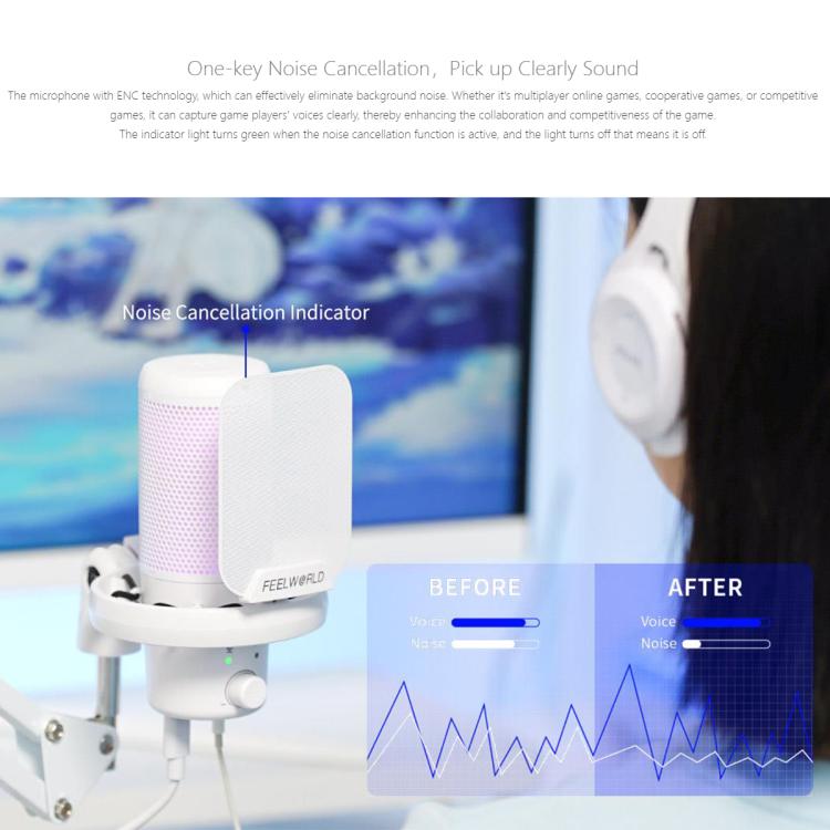 FEELWORLD VM1 USB Condenser Gaming Microphone for Streaming Noise Cancellation Mute RGB Light Boom Arm Stand (White) - Microphone by FEELWORLD | Online Shopping South Africa | PMC TechLife | Buy Now Pay Later Mobicred