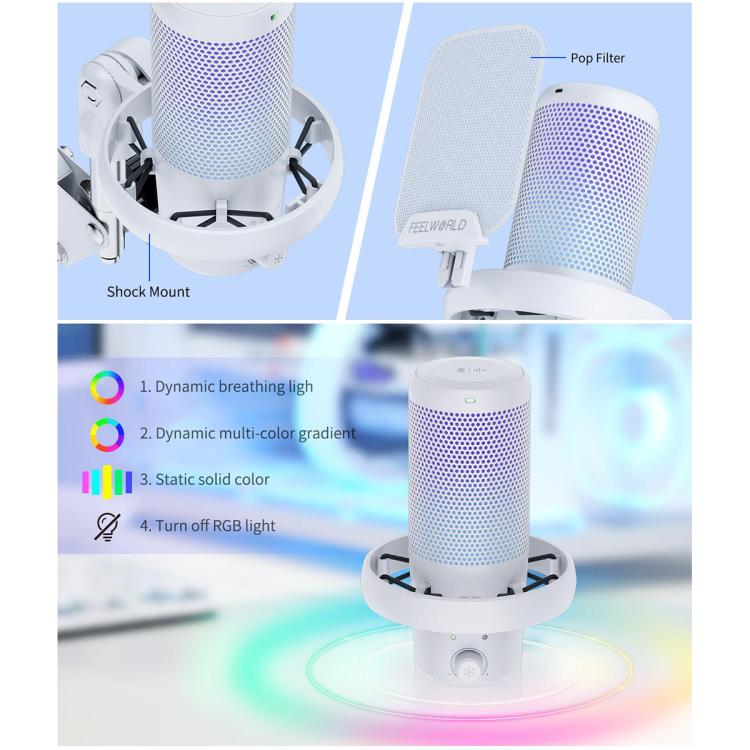 FEELWORLD VM1 USB Condenser Gaming Microphone for Streaming Noise Cancellation Mute RGB Light Boom Arm Stand (White) - Microphone by FEELWORLD | Online Shopping South Africa | PMC TechLife | Buy Now Pay Later Mobicred