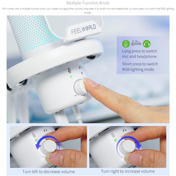 FEELWORLD VM1 USB Condenser Gaming Microphone for Streaming Noise Cancellation Mute RGB Light Boom Arm Stand (White) - Microphone by FEELWORLD | Online Shopping South Africa | PMC TechLife | Buy Now Pay Later Mobicred