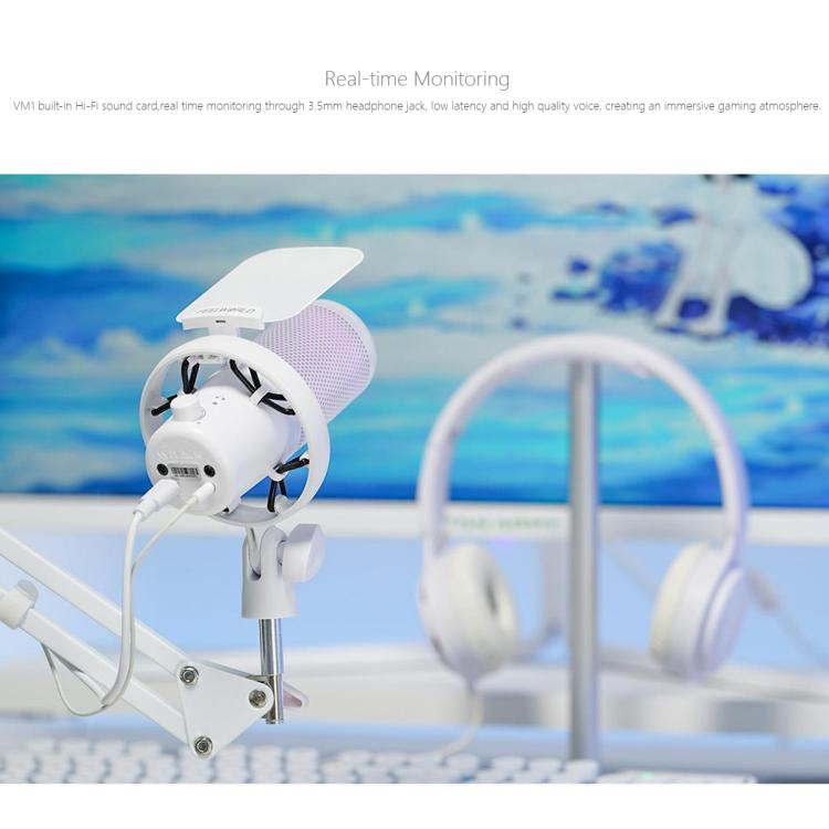 FEELWORLD VM1 USB Condenser Gaming Microphone for Streaming Noise Cancellation Mute RGB Light Boom Arm Stand (White) - Microphone by FEELWORLD | Online Shopping South Africa | PMC TechLife | Buy Now Pay Later Mobicred