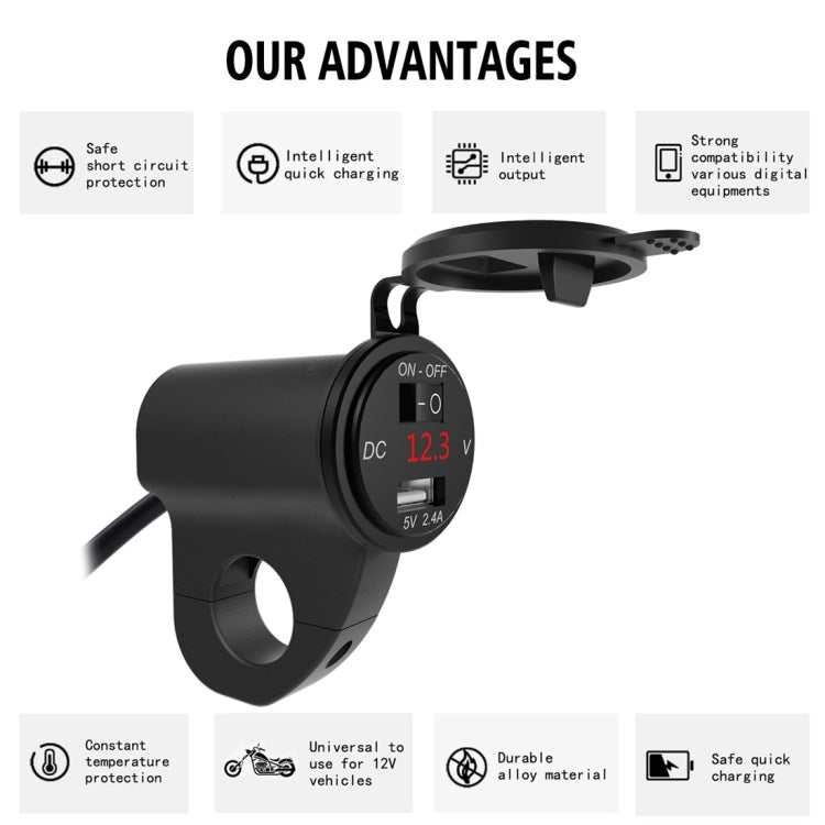 ZH-975B1 Motorcycle Aluminum Alloy Waterproof Mobile Phone Single USB Charger with Red Voltmeter(Black) - Battery Charger by PMC TechLife | Online Shopping South Africa | PMC TechLife | Buy Now Pay Later Mobicred