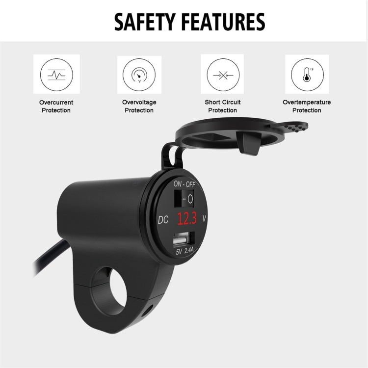 ZH-975B1 Motorcycle Aluminum Alloy Waterproof Mobile Phone Single USB Charger with Red Voltmeter(Black) - Battery Charger by PMC TechLife | Online Shopping South Africa | PMC TechLife | Buy Now Pay Later Mobicred