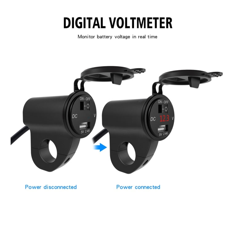 ZH-975B1 Motorcycle Aluminum Alloy Waterproof Mobile Phone Single USB Charger with Red Voltmeter(Black) - Battery Charger by PMC TechLife | Online Shopping South Africa | PMC TechLife | Buy Now Pay Later Mobicred