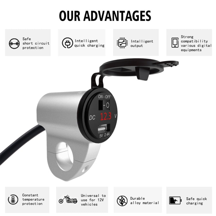 ZH-975A1 Motorcycle Aluminum Alloy Waterproof Mobile Phone Single USB Charger with Red Voltmeter(Silver) - Battery Charger by PMC TechLife | Online Shopping South Africa | PMC TechLife | Buy Now Pay Later Mobicred