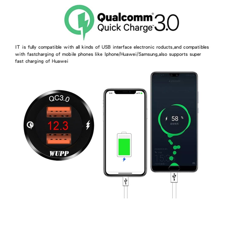 WUPP ZH-975B3 Motorcycle Aluminum Alloy Waterproof Mobile Phone Double QC3.0 Quick Charging Charger with Voltmeter(Black) - free shipping - PMC Jewellery - Order now!