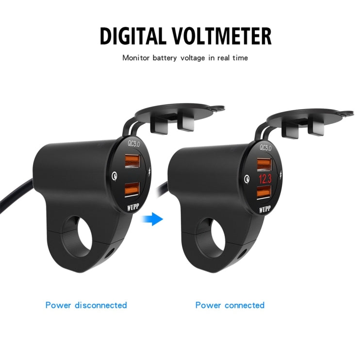 WUPP ZH-975B3 Motorcycle Aluminum Alloy Waterproof Mobile Phone Double QC3.0 Quick Charging Charger with Voltmeter(Black) - free shipping - PMC Jewellery - Order now!