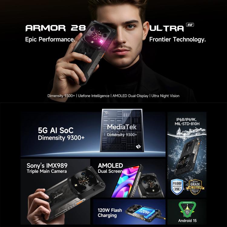 Ulefone Armor 28 Ultra Rugged Phone, 16GB+1TB, Night Vision, 10600mAh, 6.67 inch Android 14 MediaTek Dimensity 9300+ Octa Core, Network: 5G, NFC (Black) - free shipping - PMC TechLife - Order now!