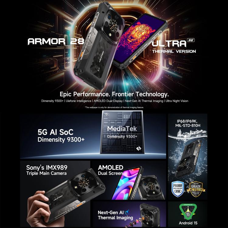 Ulefone Armor 28 Ultra Thermal Version Rugged Phone, 16GB+1TB, Night Vision, 10600mAh, 6.67 inch Android 14 MediaTek Dimensity 9300+ Octa Core, Network: 5G, NFC (Black) - free shipping - PMC TechLife - Order now!
