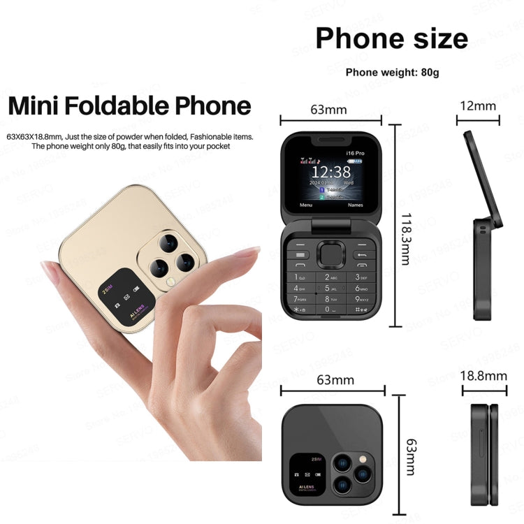 SERVO i16 Pro Mini Flip Phone, 1.77 inch, MTK6261D, 23 Keys, Support Bluetooth, FM, Magic Sound, Quick Dial, GSM, Dual SIM (Gold) - free shipping - PMc TechLife - Order now!