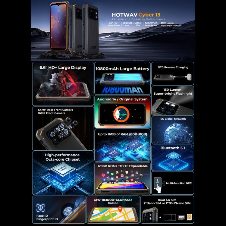 HOTWAV CYBER 13, IP68/IP69K Rugged Phone, 8GB+128GB, 10800mAh, 6.6 inch Android 14.0 Unisoc T606 Octa Core, Network: 4G, NFC, OTG (Black) - free shipping - PMC TechLife - Order now!