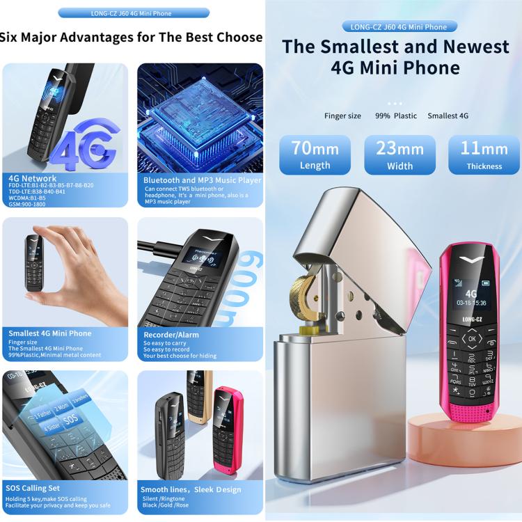 LONG-CZ S60 4G Mini Phone, 1.77 inch Unisoc T107, LED Flashlight, 21 Keys, Network: 4G, Single SIM (Rose Red) - free shipping - PMc TechLife - Order now!