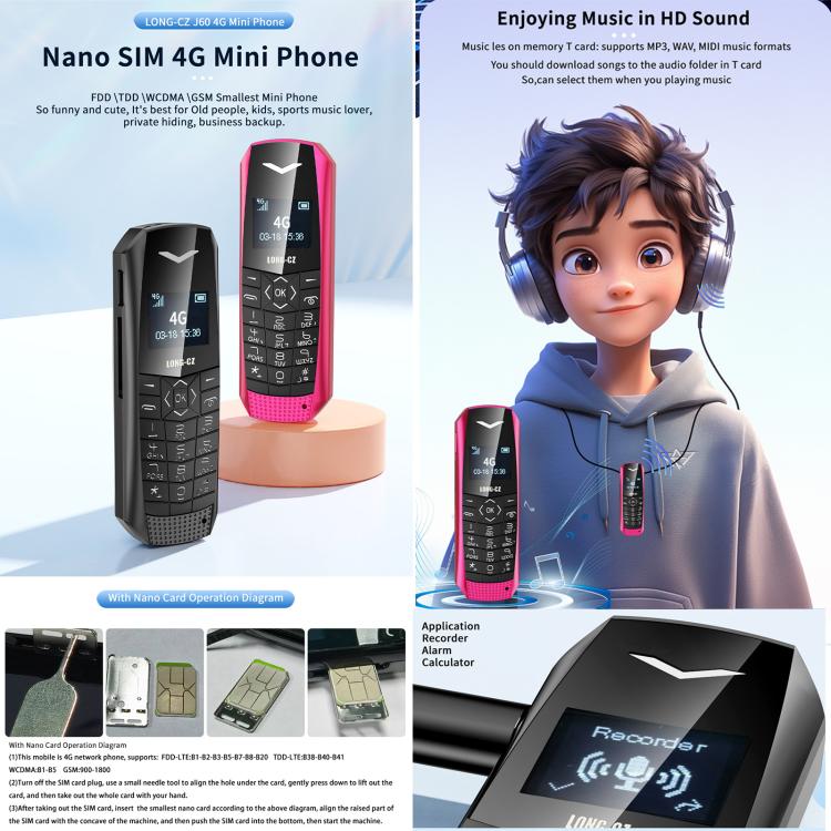 LONG-CZ S60 4G Mini Phone, 1.77 inch Unisoc T107, LED Flashlight, 21 Keys, Network: 4G, Single SIM (Rose Red) - free shipping - PMc TechLife - Order now!