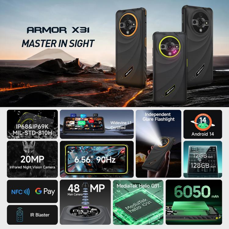 Ulefone Armor X31, 6GB+128GB, Night Vision, IP68/IP69K Rugged Phone, 6.56 inch Android 14 MediaTek Helio G91 Octa Core, Network: 4G, NFC, OTG (Orange) - free shipping - PMC TechLife - Order now!