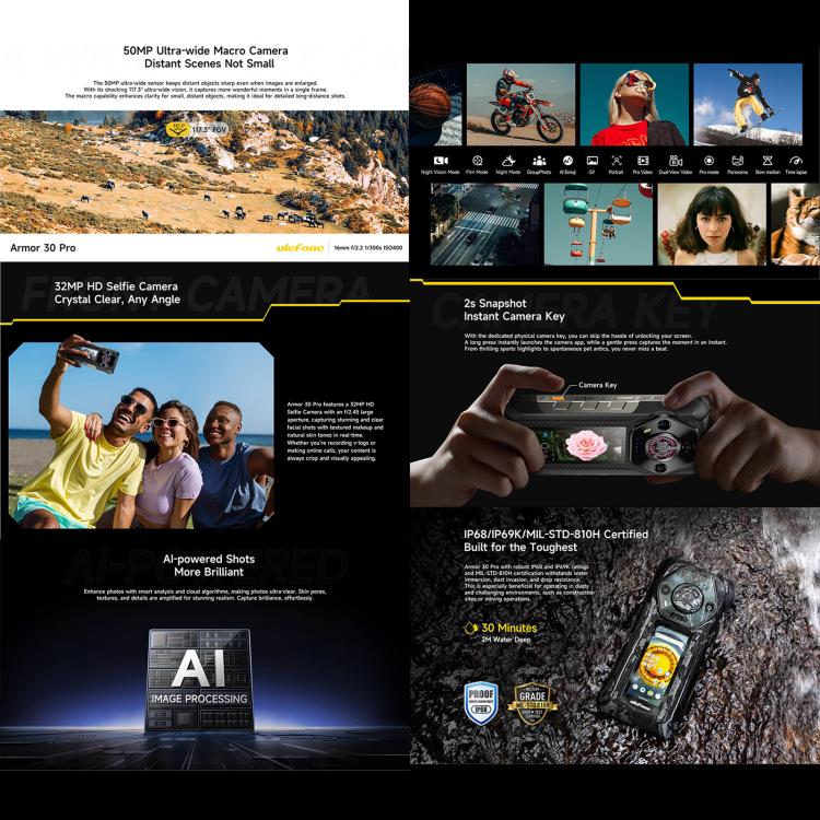 Ulefone Armor 30 Pro Rugged Phone, 16GB+512GB, Night Vision, 6.95 inch + 3.4 inch Dual Screen Android 14 MediaTek Dimensity 7300X Octa Core, Network: 5G, OTG, NFC (Black) - free shipping - PMc TechLife - Order now!