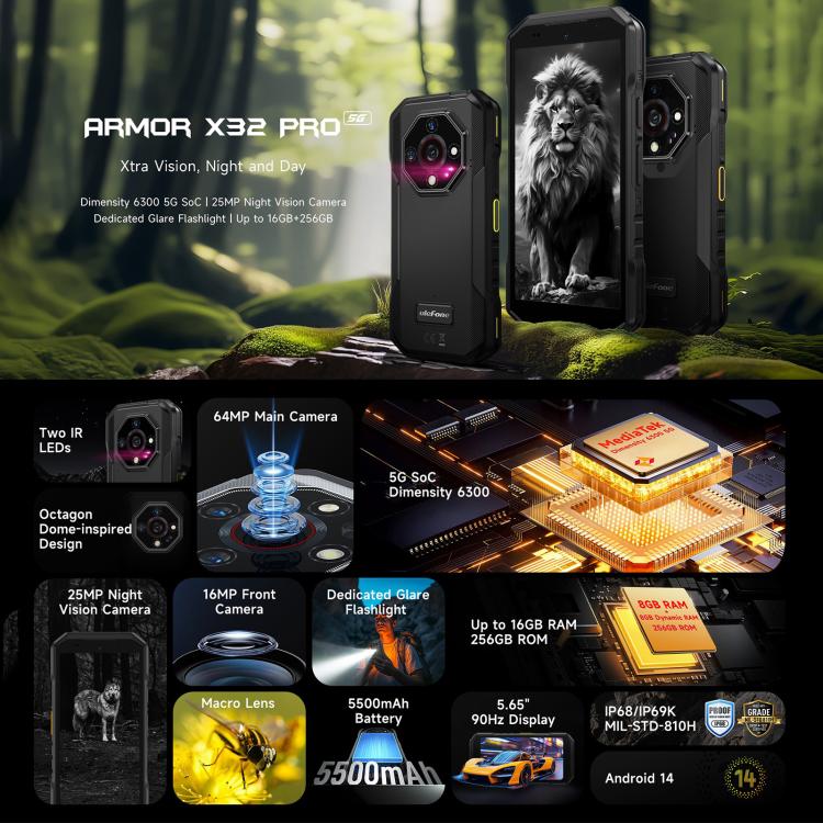 Ulefone Armor X32 Pro 5G, 8GB+256GB, Night Vision, IP68/IP69K Rugged Phone, 5.65 inch Android 14 MediaTek Dimensity 6300 Octa Core, Network: 5G, NFC, OTG (Classic Black) - free shipping - PMc TechLife - Order now!