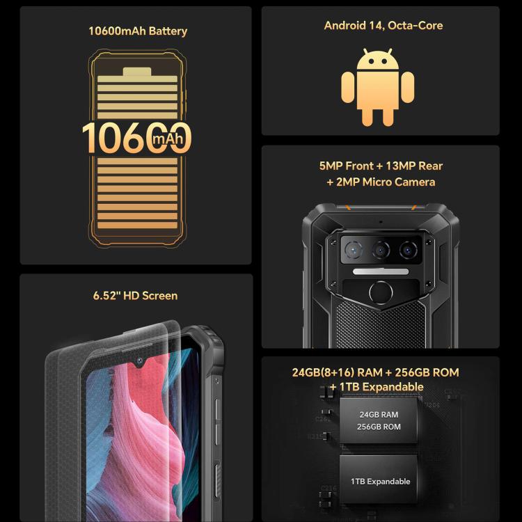 Oukitel WP23 Plus Rugged Phone, 8GB+256GB, 6.52 inch Android 14.0Unisoc T606 Octa-core, NFC, OTG, Network: 4G (Orange) - free shipping - PMc TechLife - Order now!